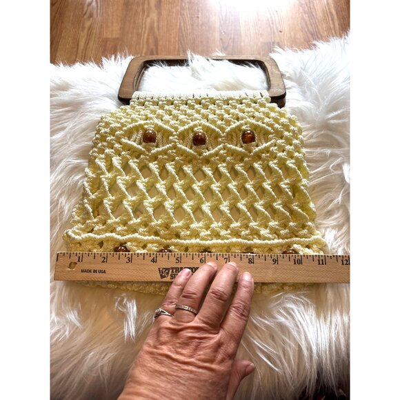 VTG 1970s Macrame Purse Wooden Handle, Beads Festival Boho Hippie Cottage Core - Picture 3 of 9